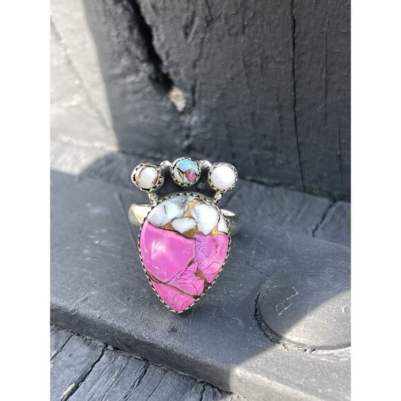 STERLING SILVER NATIVE SW COTTON CANDY TURQUOISE CLUSTER RING .925 Adjusts 7-9 - Picture 3 of 12